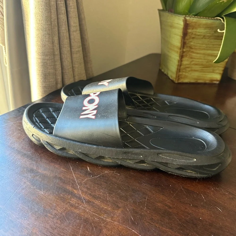 Pony Black Slide Sandals with White and Red Logo